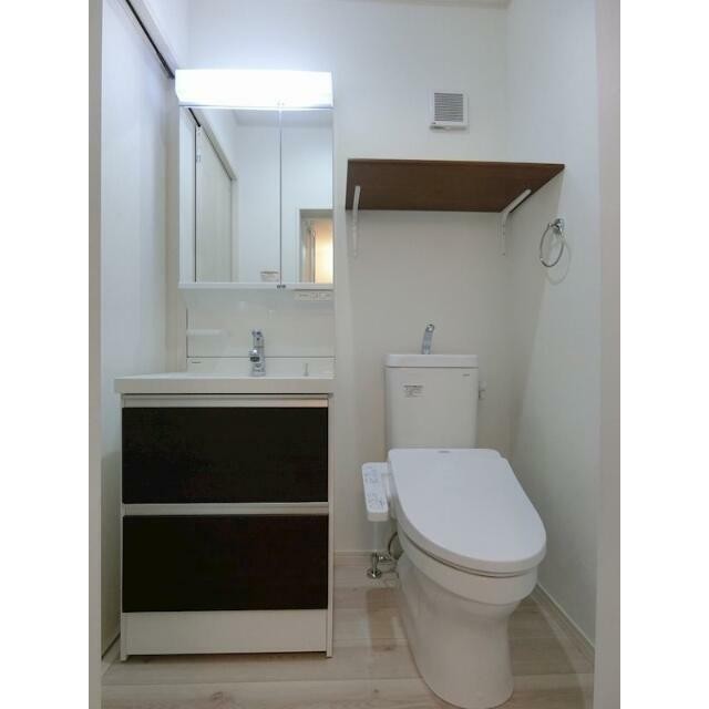 独立洗面台が標準装備！ドライヤーも収納できるタイプです！(内装)