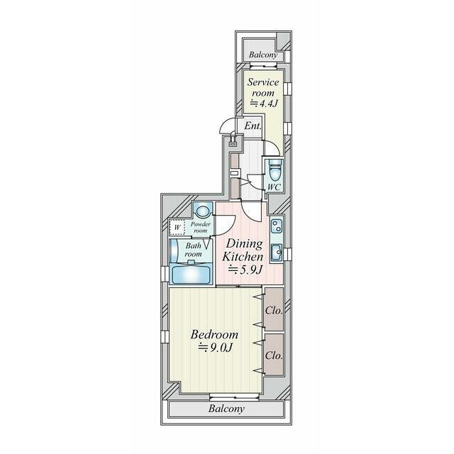 47．5m2の1SDK 2面バルコニー角部屋2面採光(間取)