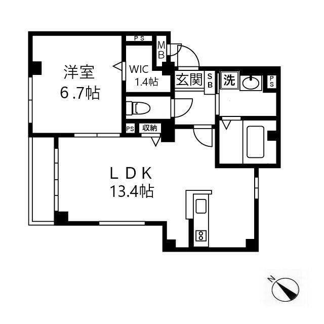 1LDK（46.43m2）(間取)