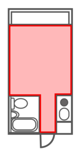 この画像はワンルーム6畳が含まれる範囲について示した間取図です。ワンルームの場合キッチンや廊下部分も6畳に含まれます。