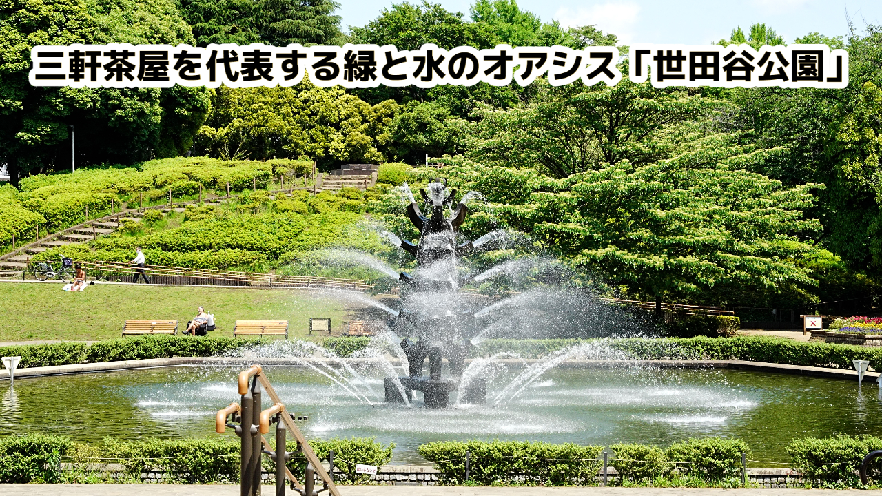 この画像には三軒茶屋を代表する緑と水のオアシス「世田谷公園」と書かれています。