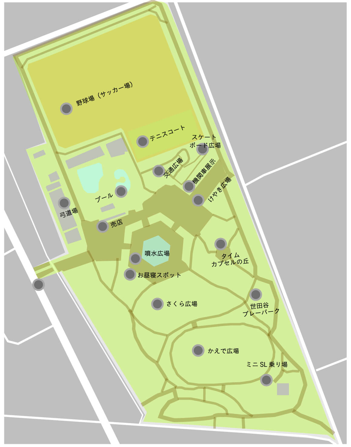 この画像は世田谷公園の各施設が記載された園内マップです。