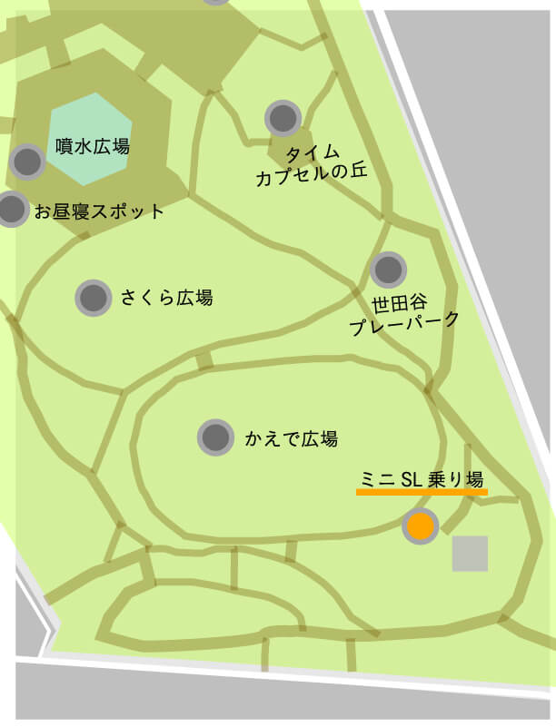 この画像は世田谷公園のミニSLの場所を記載した園内マップです。
