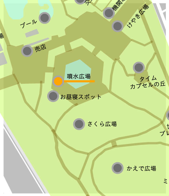 この画像は世田谷公園の噴水広場の場所を記載した園内マップです。