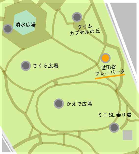 この画像は世田谷公園の世田谷プレイパークの場所を記載した園内マップです。