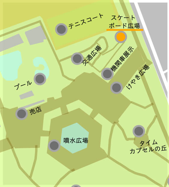 この画像は世田谷公園のスケートボードパークの場所を記載した園内マップです。