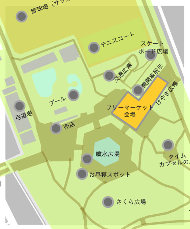 この画像は世田谷公園のフリーマーケットの開催場所を記載した園内マップです。