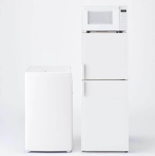この画像は無印良品の冷蔵庫 126L MJ‐R13B、電子レンジ 18L MJ-SER18A、電気洗濯機 5kg MJ-W50A の写真です。