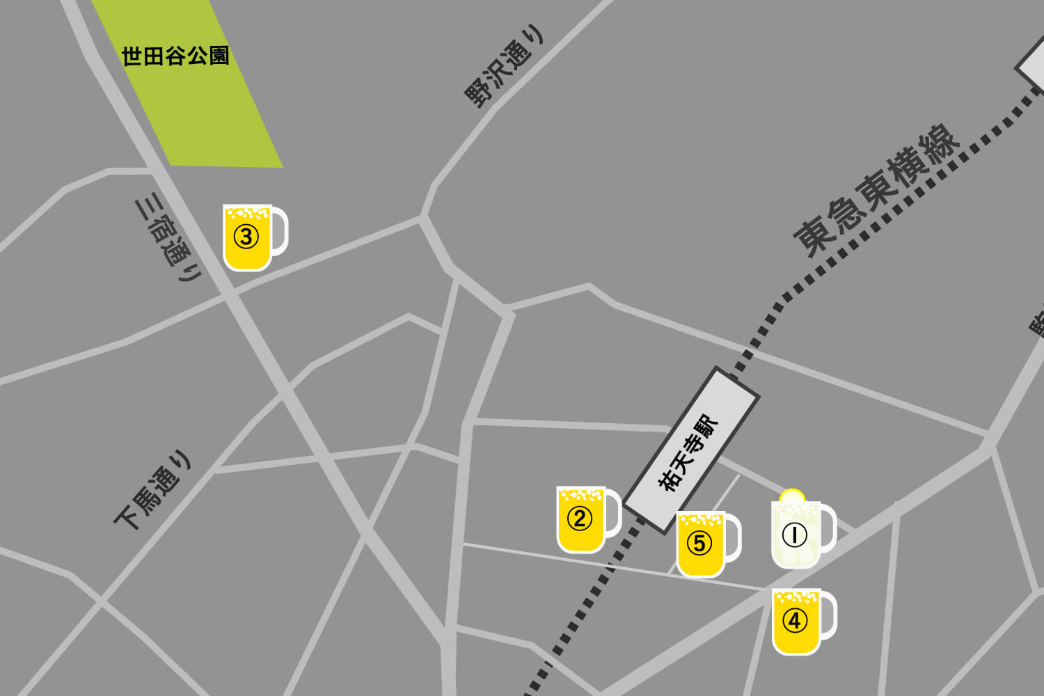 この画像は祐天寺駅でおすすめしたい居酒屋5選をまとめた地図です