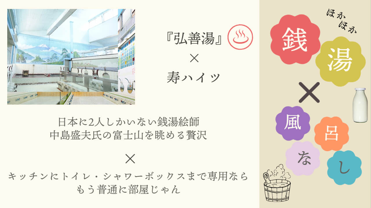 この画像には三軒茶屋駅の風呂なしアパート「弘善湯　×　寿ハイツ　」と書かれています