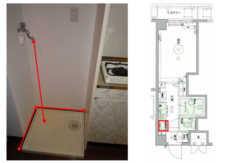 賃貸の洗濯機置き場：左右が囲まれているタイプ（キッチン横）の写真と図面です。